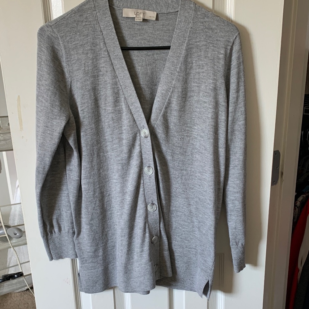 V-Neck LOFT Light Gray Women's Button-Up Cardigan